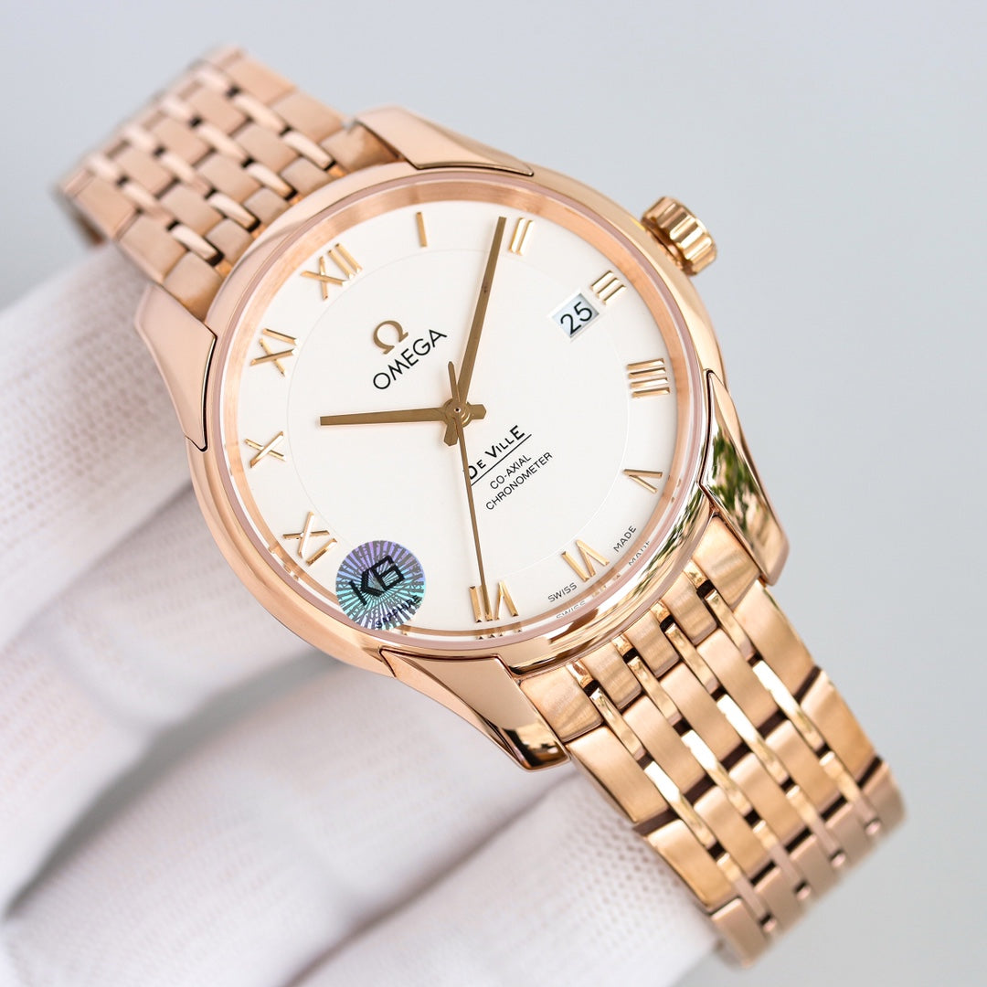 Omega De Ville Co-Axial Chronometer 41mm Watch White Dial Rose Gold Strap