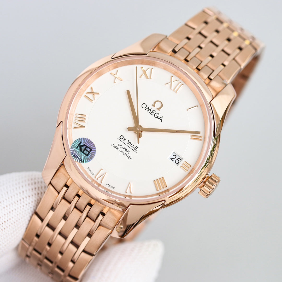 Omega De Ville Co-Axial Chronometer 41mm Watch White Dial Rose Gold Strap