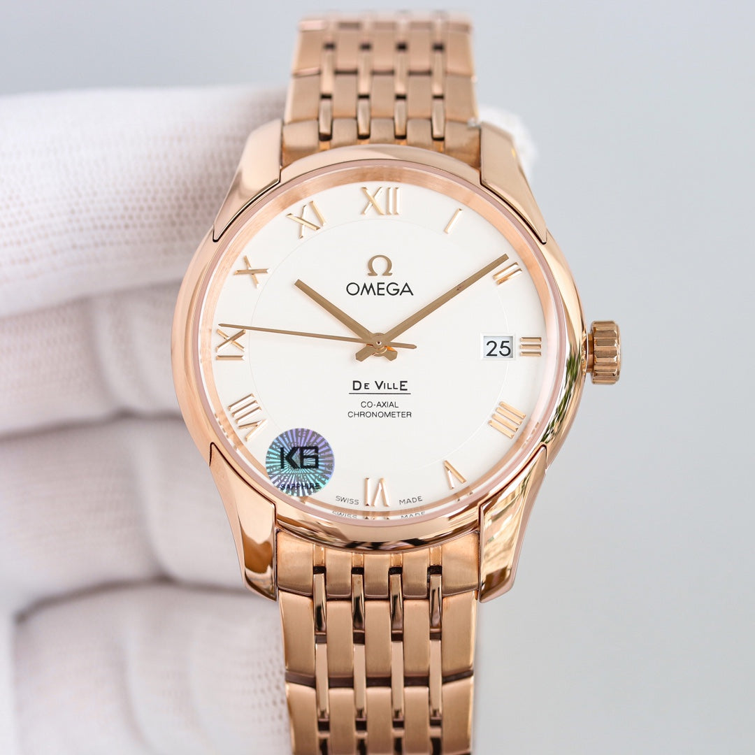 Omega De Ville Co-Axial Chronometer 41mm Watch White Dial Rose Gold Strap