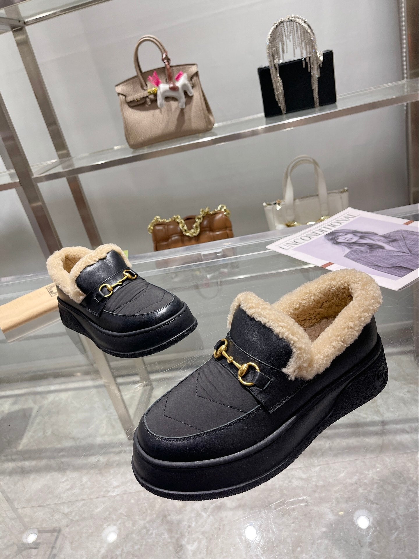 GG Snow Boots Black Calfskin Wool 576242