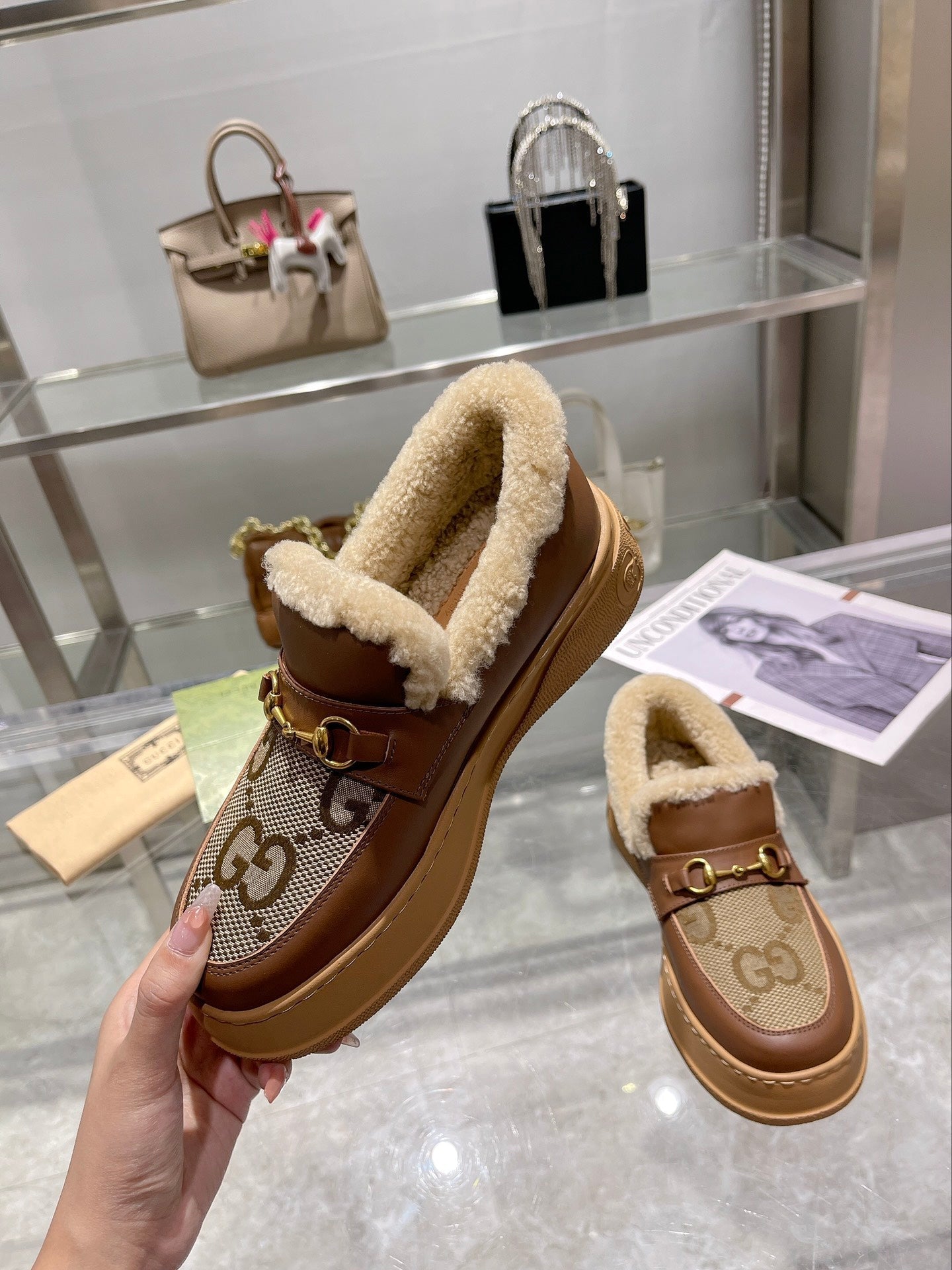 GG Snow Boots Brown Calfskin Denim Wool 576247