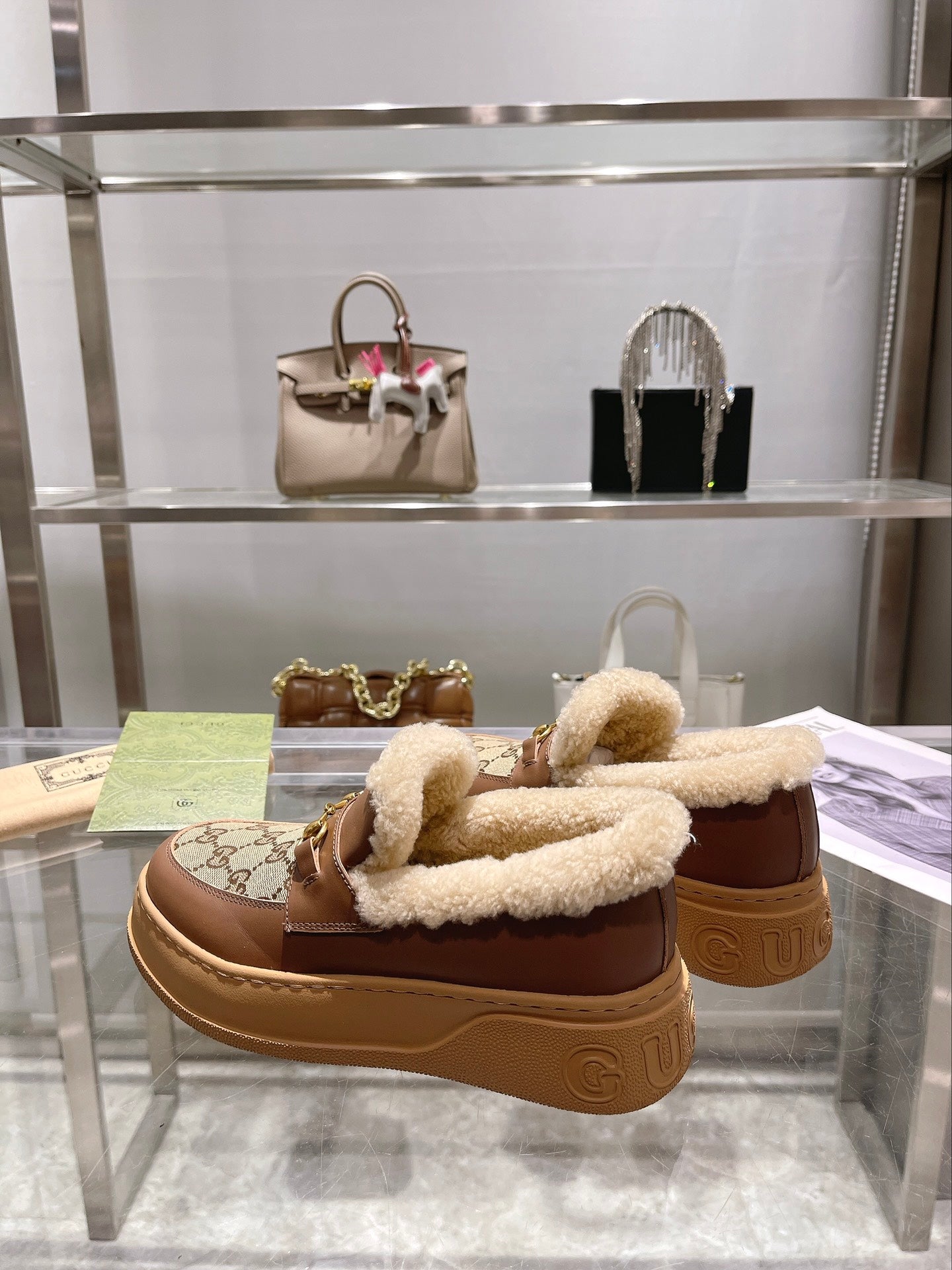 GG Snow Boots Brown Calfskin Denim Wool 576249