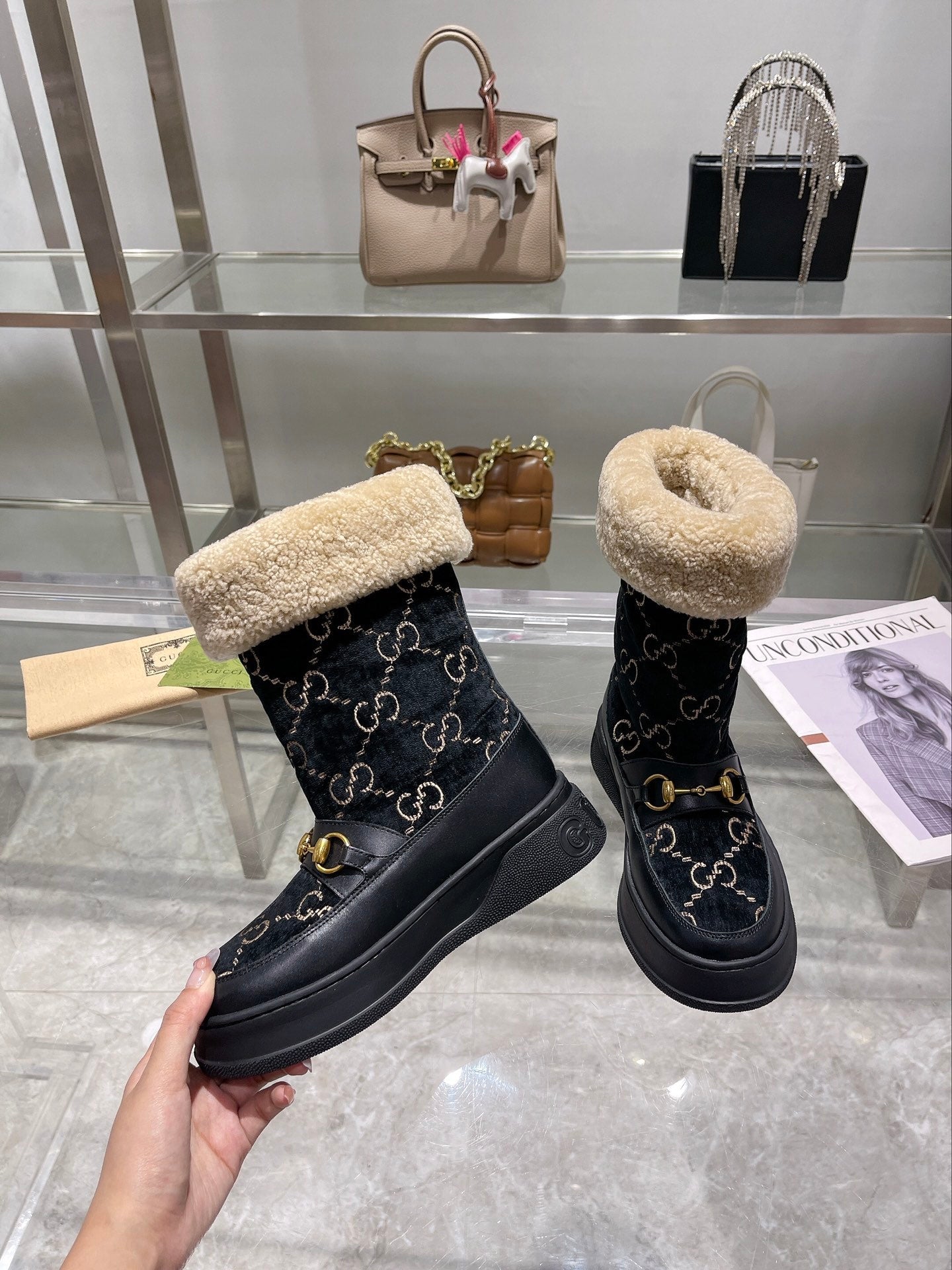Gucci 2025 Monogram Boot Black Beige Wool Suede Calfskin 564687