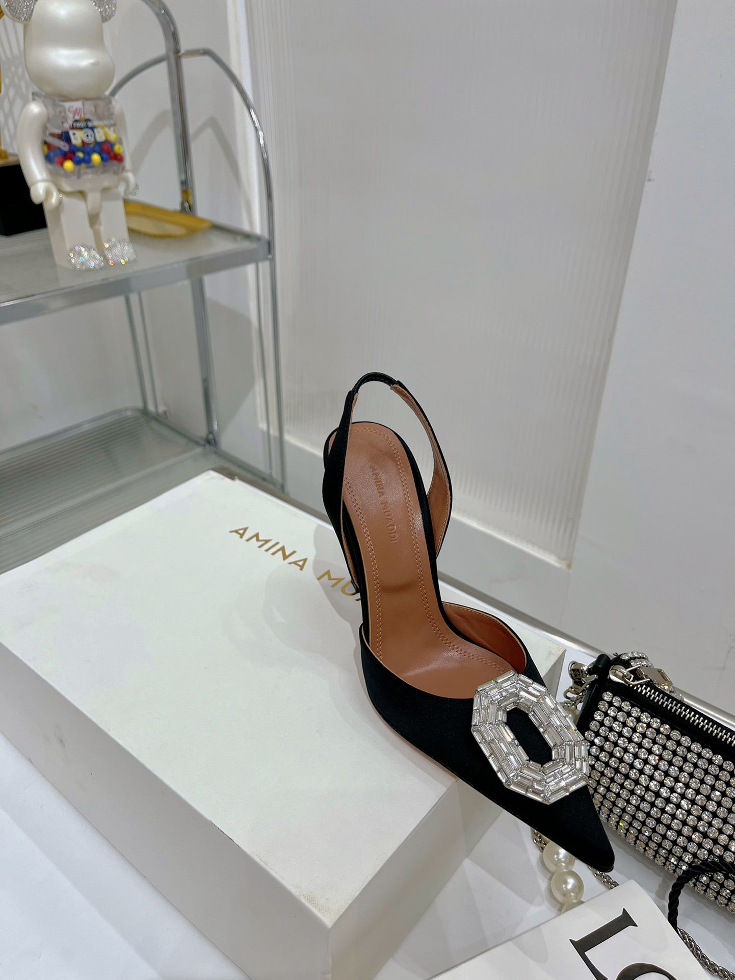 Amina Muaddi Camelia Slingback 95mm Black Satin Sheepskin