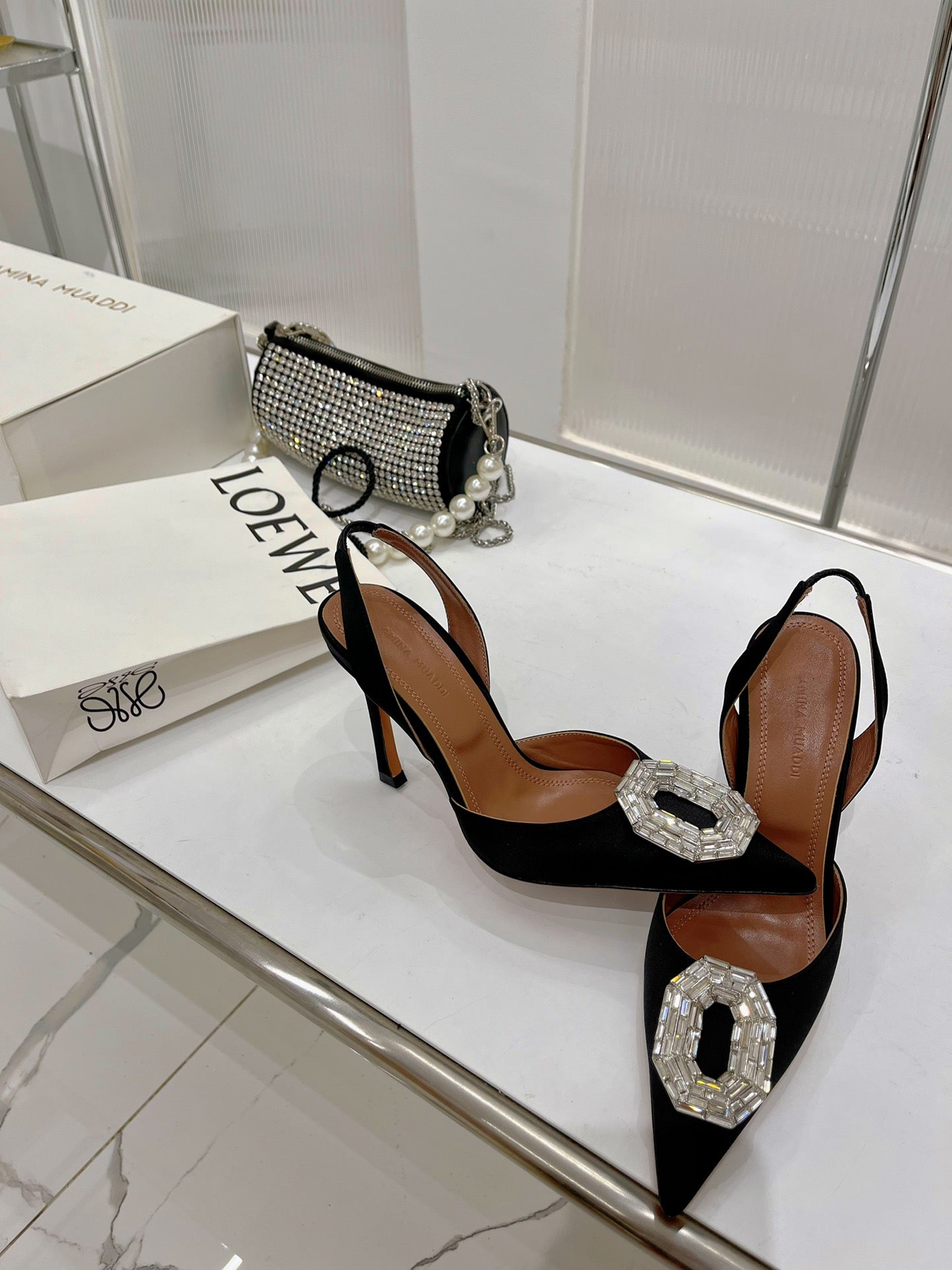 Amina Muaddi Camelia Slingback 95mm Black Satin Sheepskin