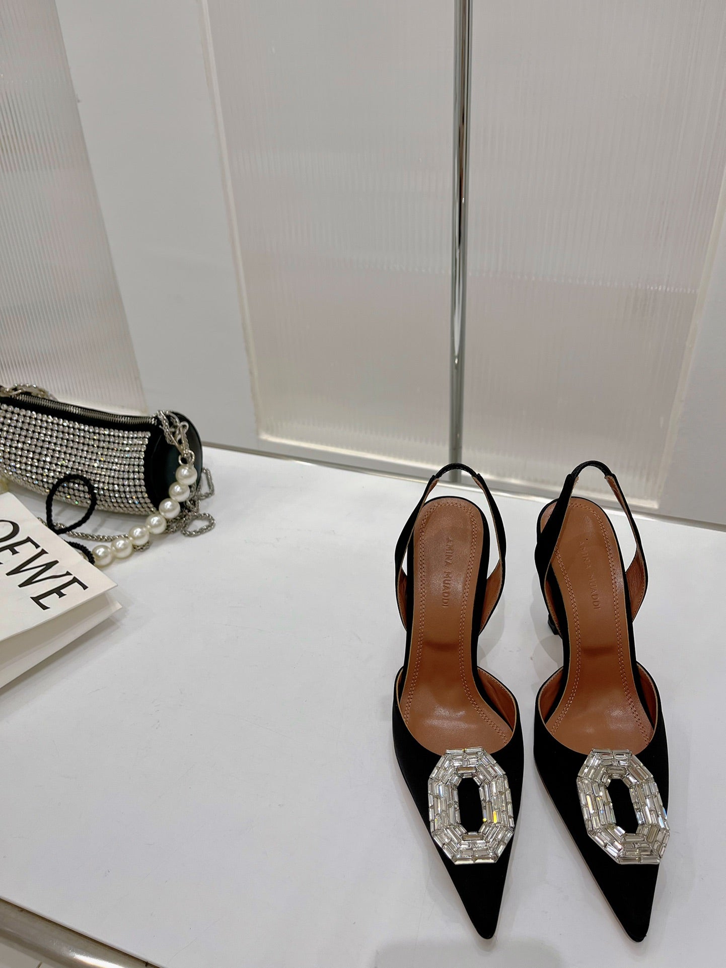 Amina Muaddi Camelia Slingback 95mm Black Satin Sheepskin