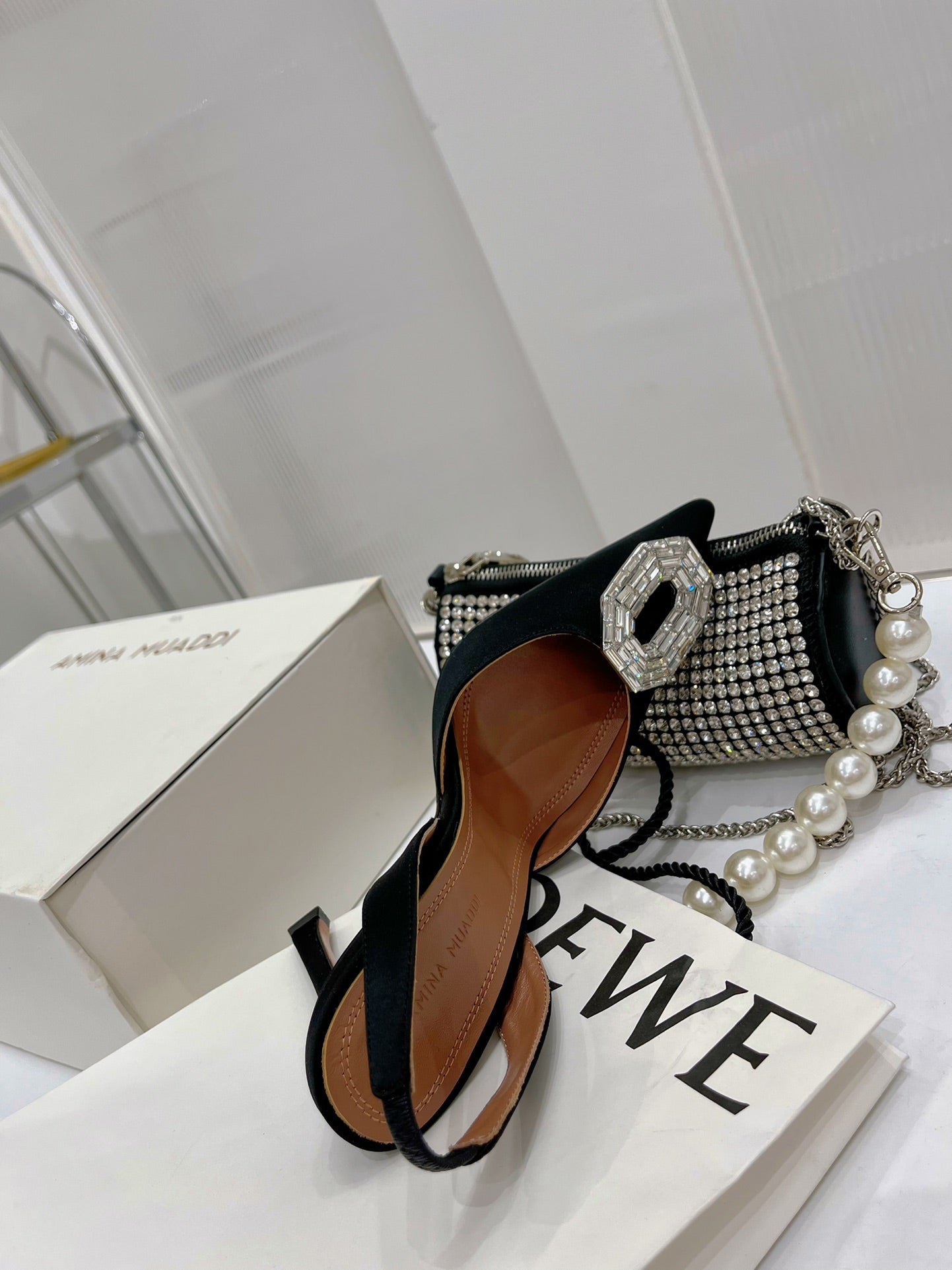 Amina Muaddi Camelia Slingback 95mm Black Satin Sheepskin