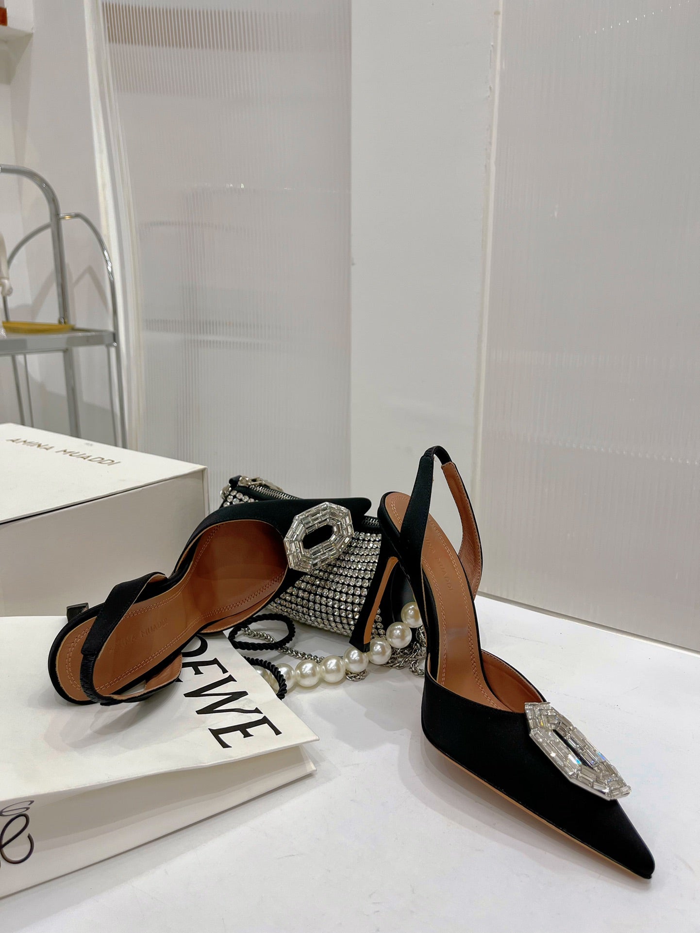 Amina Muaddi Camelia Slingback 95mm Black Satin Sheepskin
