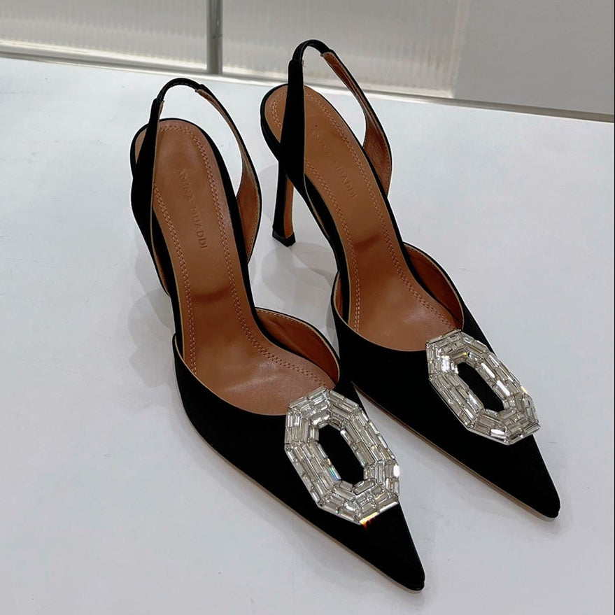 Amina Muaddi Camelia Slingback 95mm Black Satin Sheepskin