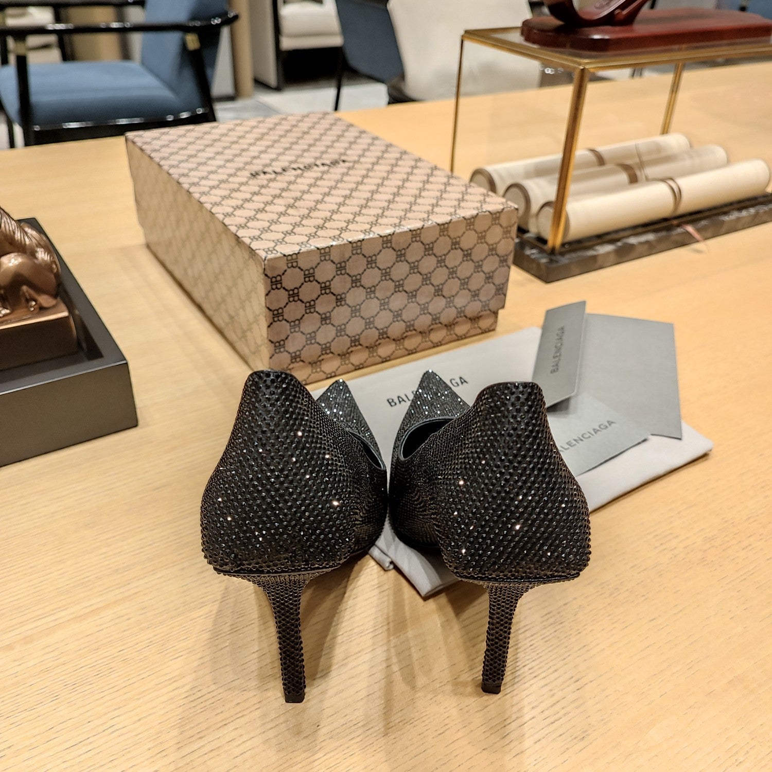 Balenciaga 26s High Heel Pump 100 Black Rhinestone Cowhide 681189