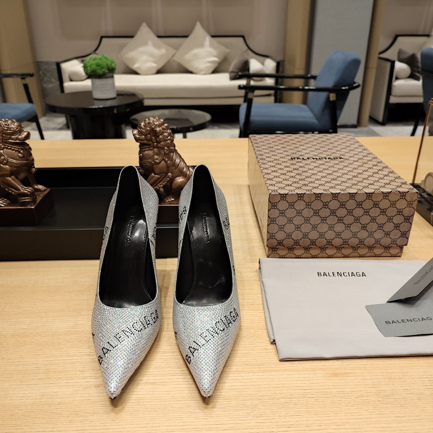 Balenciaga 26s High Heel Pump 100 Sliver Rhinestone Cowhide 681192