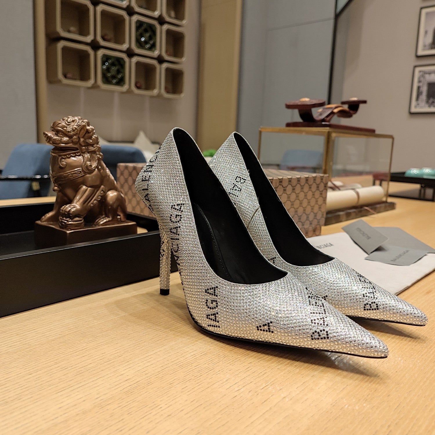 Balenciaga 26s High Heel Pump 100 Sliver Rhinestone Cowhide 681192