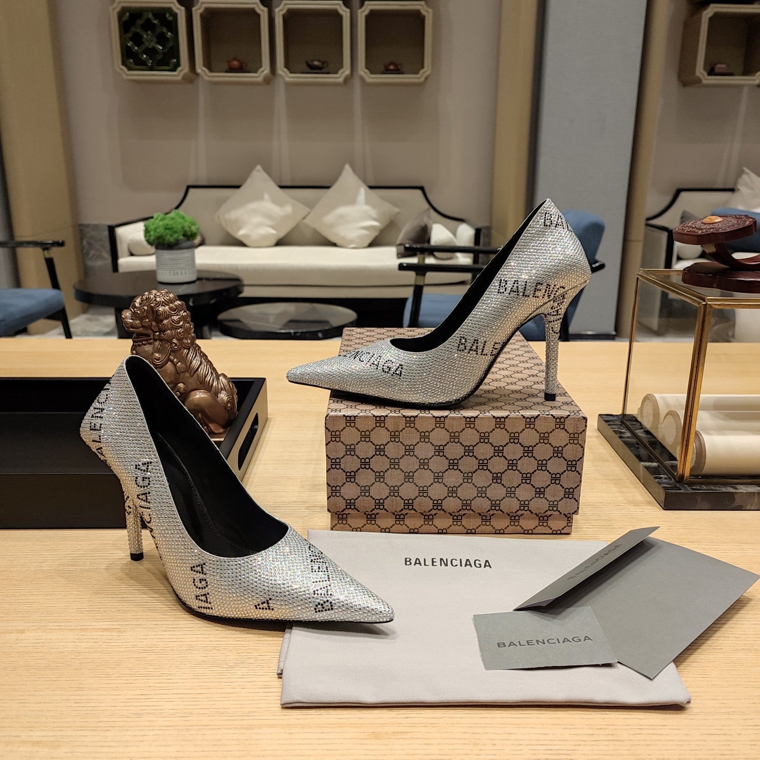 Balenciaga 26s High Heel Pump 100 Sliver Rhinestone Cowhide 681192