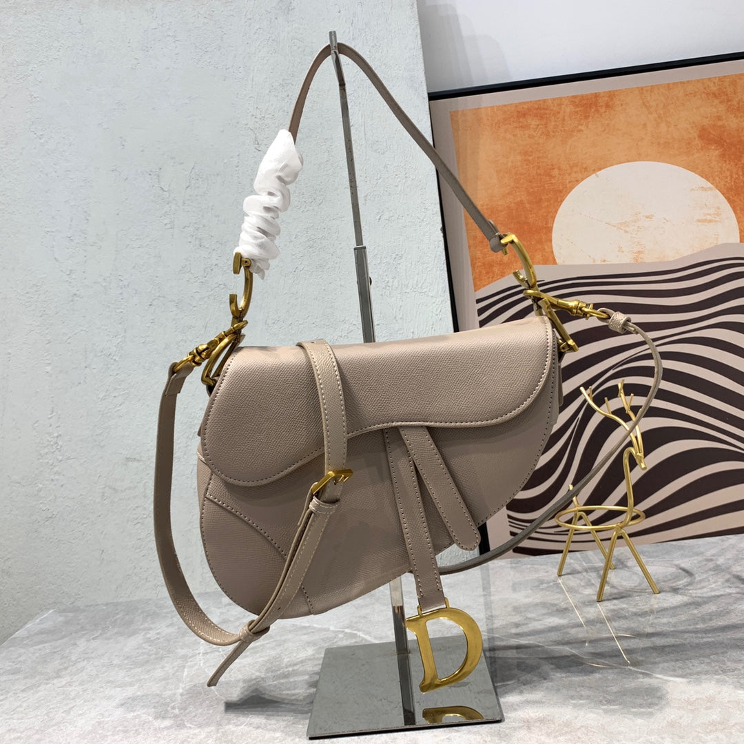 CD Saddle Bag Strap Warm Taupe Grained Calfskin