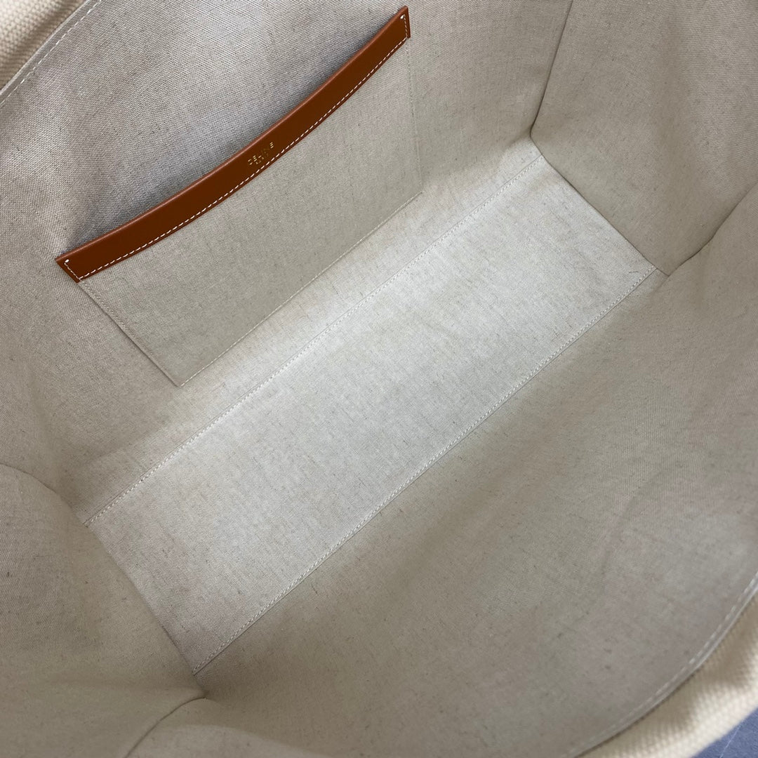 Celine 2026 Cuir Triomphe Cabas Drawstring Tote Bag Natural Tan Canvas Calfskin