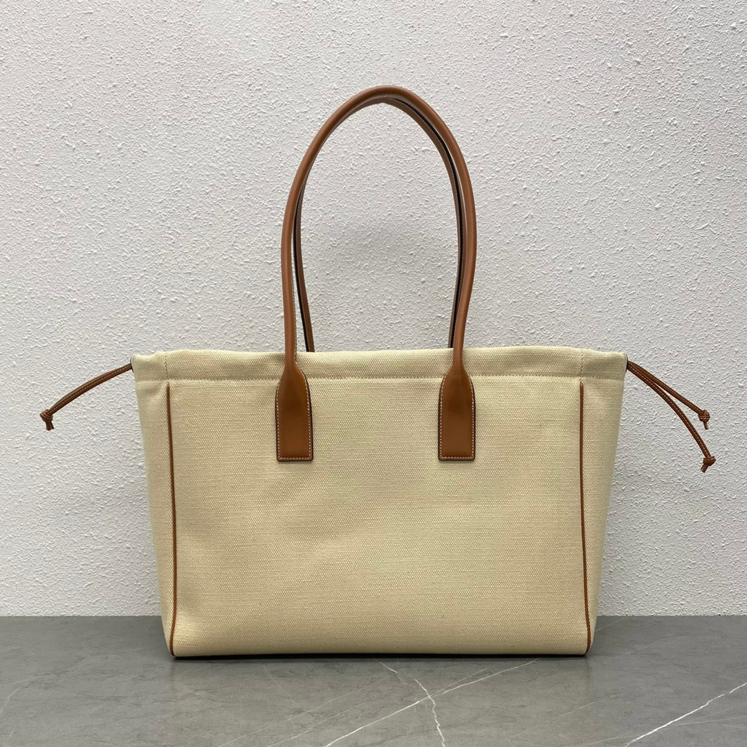 Celine 2026 Cuir Triomphe Cabas Drawstring Tote Bag Natural Tan Canvas Calfskin