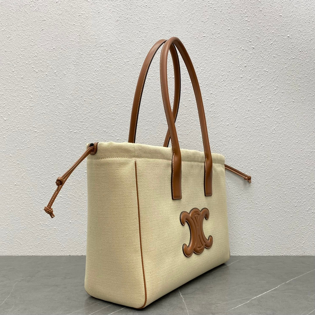 Celine 2026 Cuir Triomphe Cabas Drawstring Tote Bag Natural Tan Canvas Calfskin
