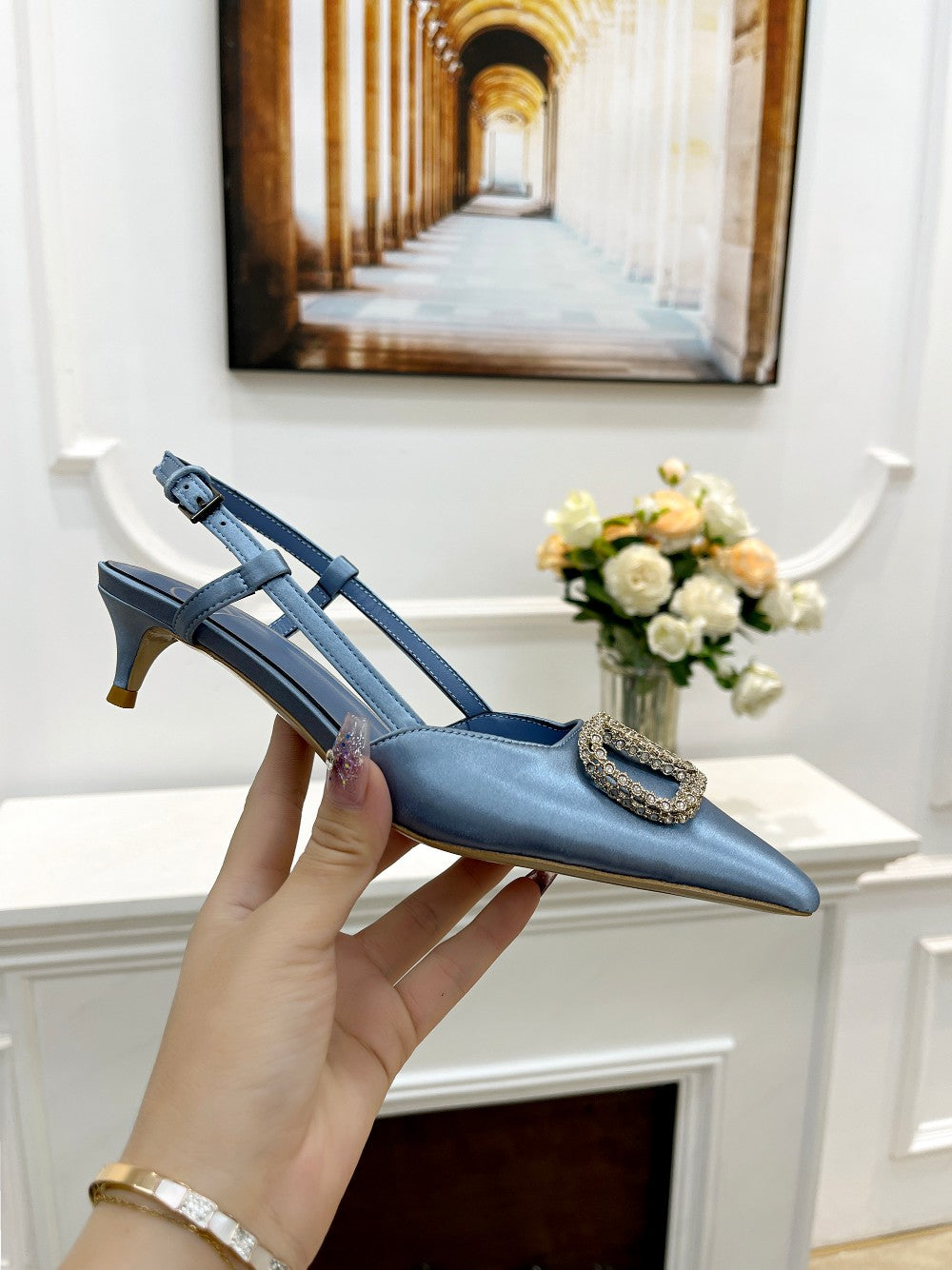 Valentino 25 Vlogo Signature Slingback Pumps Blue Pastel Silk 239503