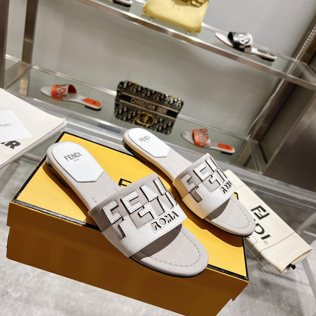 FF Women Roma Signature White Grey Canvas Leather Slide