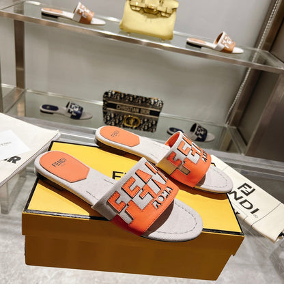 FF Women Roma Signature Orange Grey Canvas Leather Slide