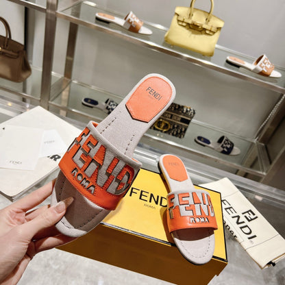 FF Women Roma Signature Orange Grey Canvas Leather Slide