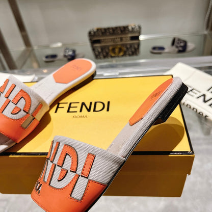 FF Women Roma Signature Orange Grey Canvas Leather Slide