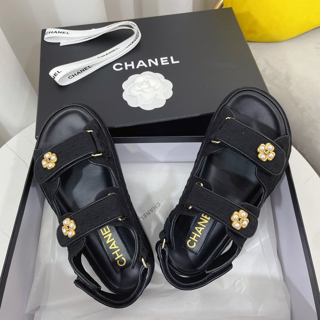 Chanel 2026 Flower Gold Logo Sandals Patent Leather Cowhide 828666
