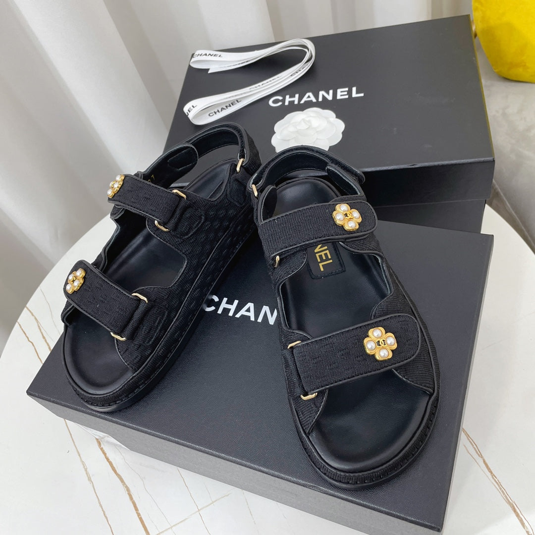 Chanel 2026 Flower Gold Logo Sandals Patent Leather Cowhide 828666