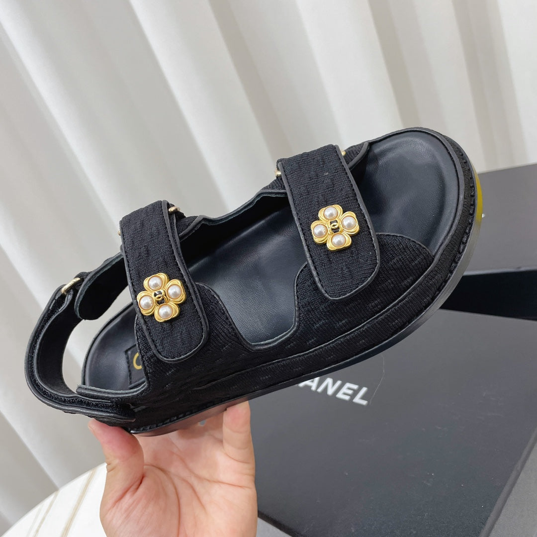 Chanel 2026 Flower Gold Logo Sandals Patent Leather Cowhide 828666