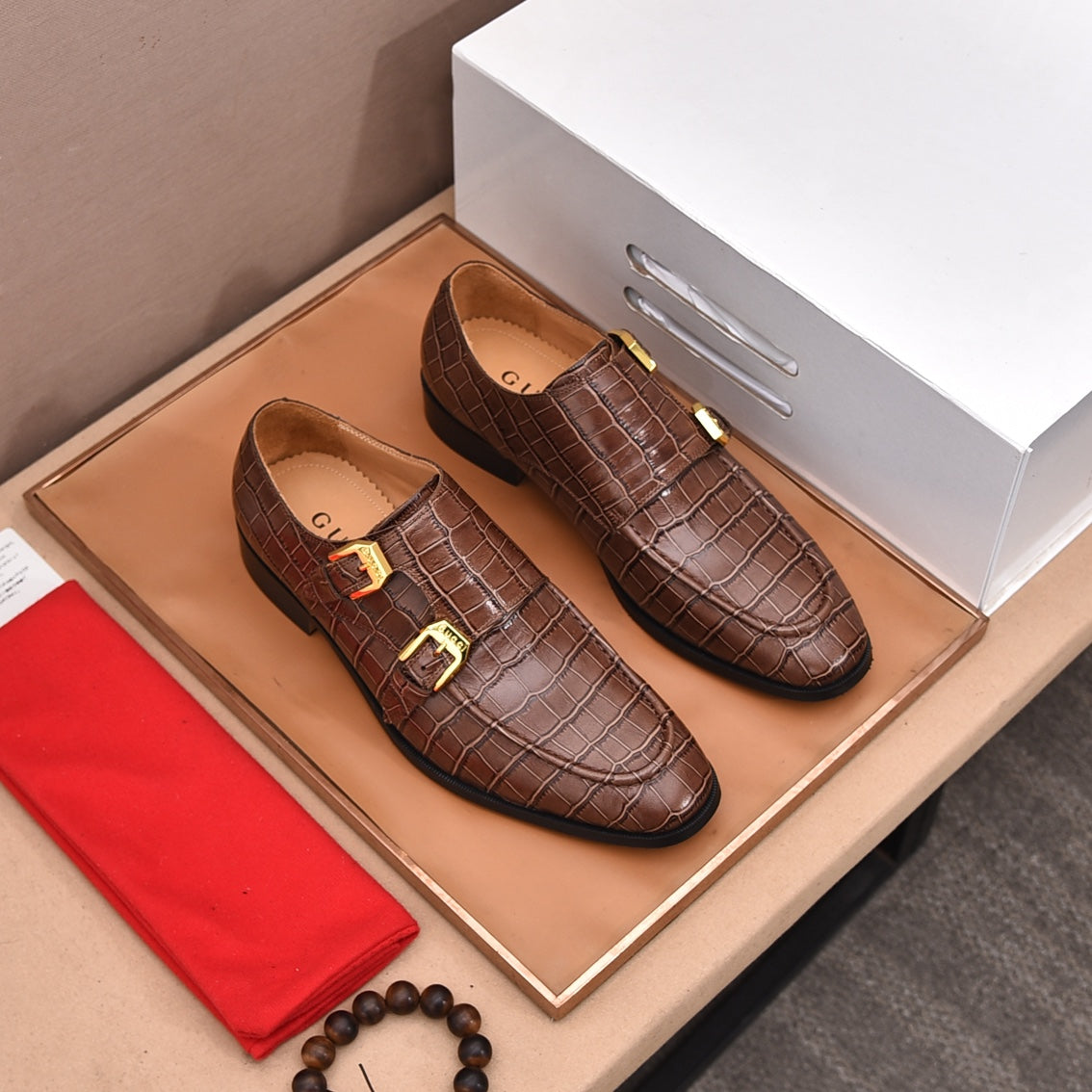 GG Men's Double Monk Strap Loafer Brown Embossed Cowhide