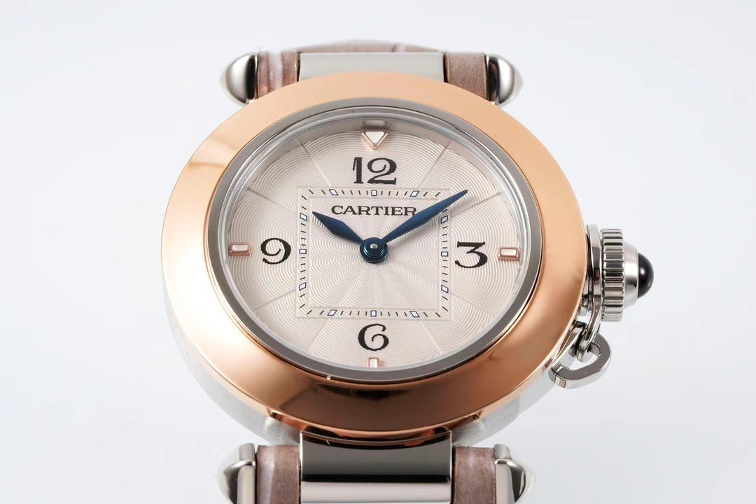 pasha 30mm quartz pink gold white dial light brown leather