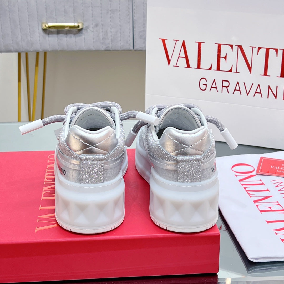 VT 2025 Garavani Sneakers Silver Leather Glitter Fabric 546991
