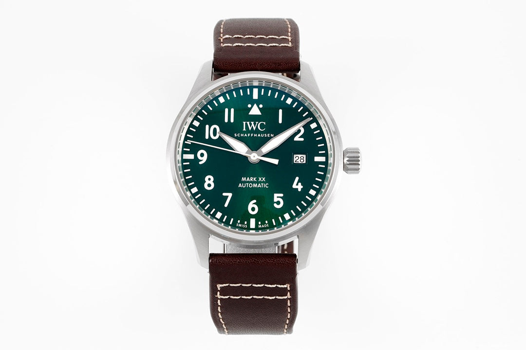 IWC Pilot 40mm Green Dial Steel Case Brown Leather Strap