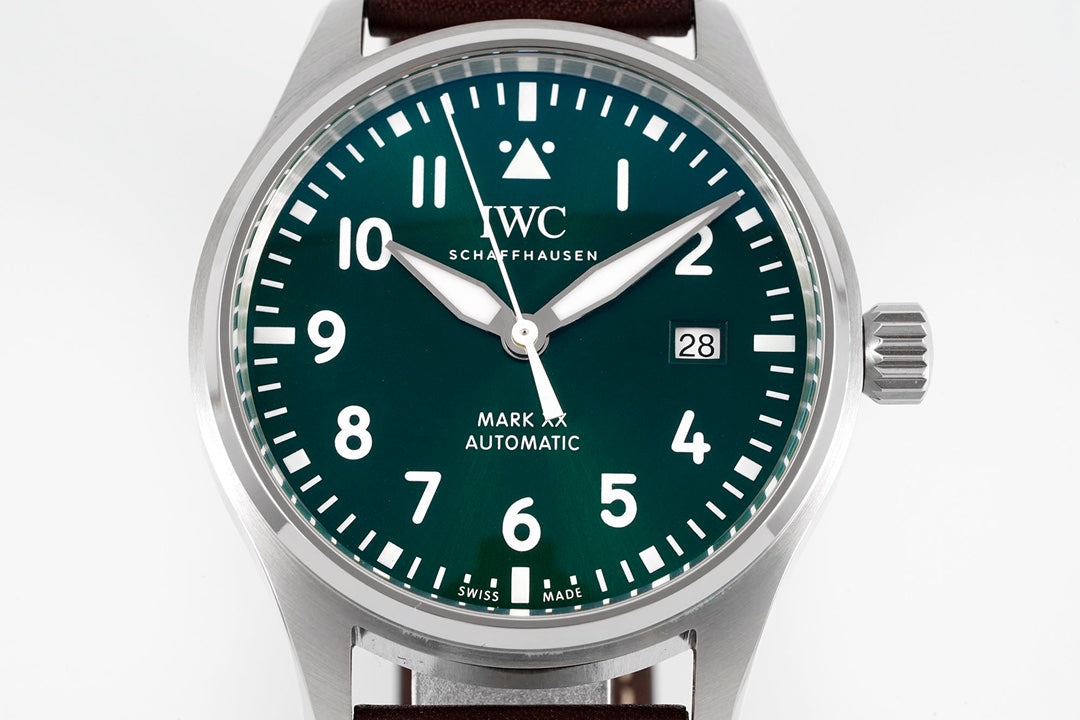 IWC Pilot 40mm Green Dial Steel Case Brown Leather Strap