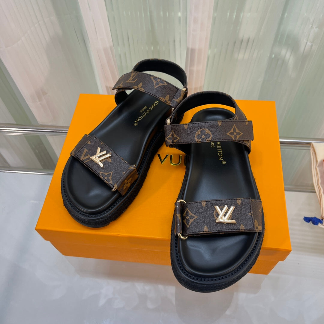 Louis Vuitton 2026 Sunset Flat Comfort Sandal Black Brown Leather 711883