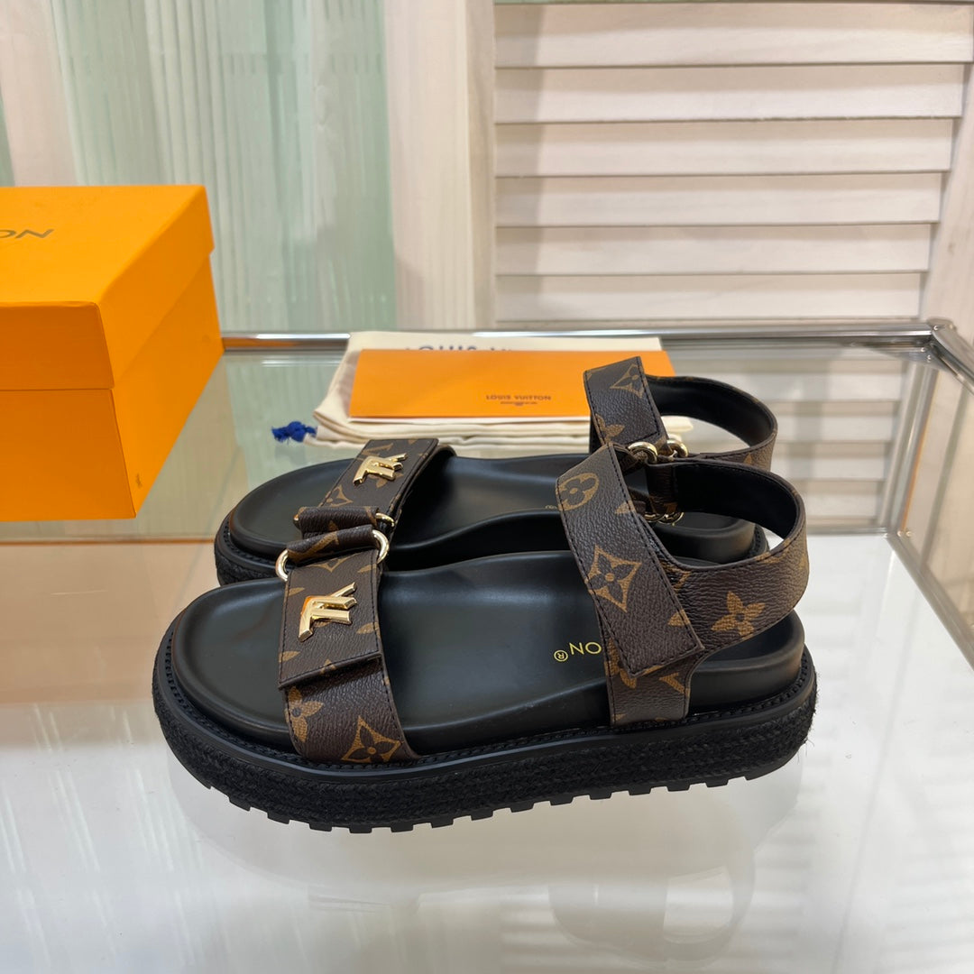 Louis Vuitton 2026 Sunset Flat Comfort Sandal Black Brown Leather 711883
