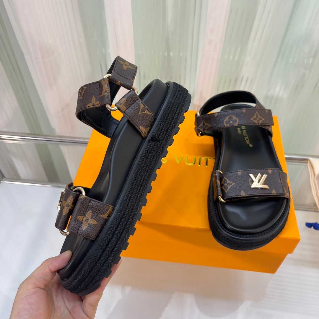 Louis Vuitton 2026 Sunset Flat Comfort Sandal Black Brown Leather 711883