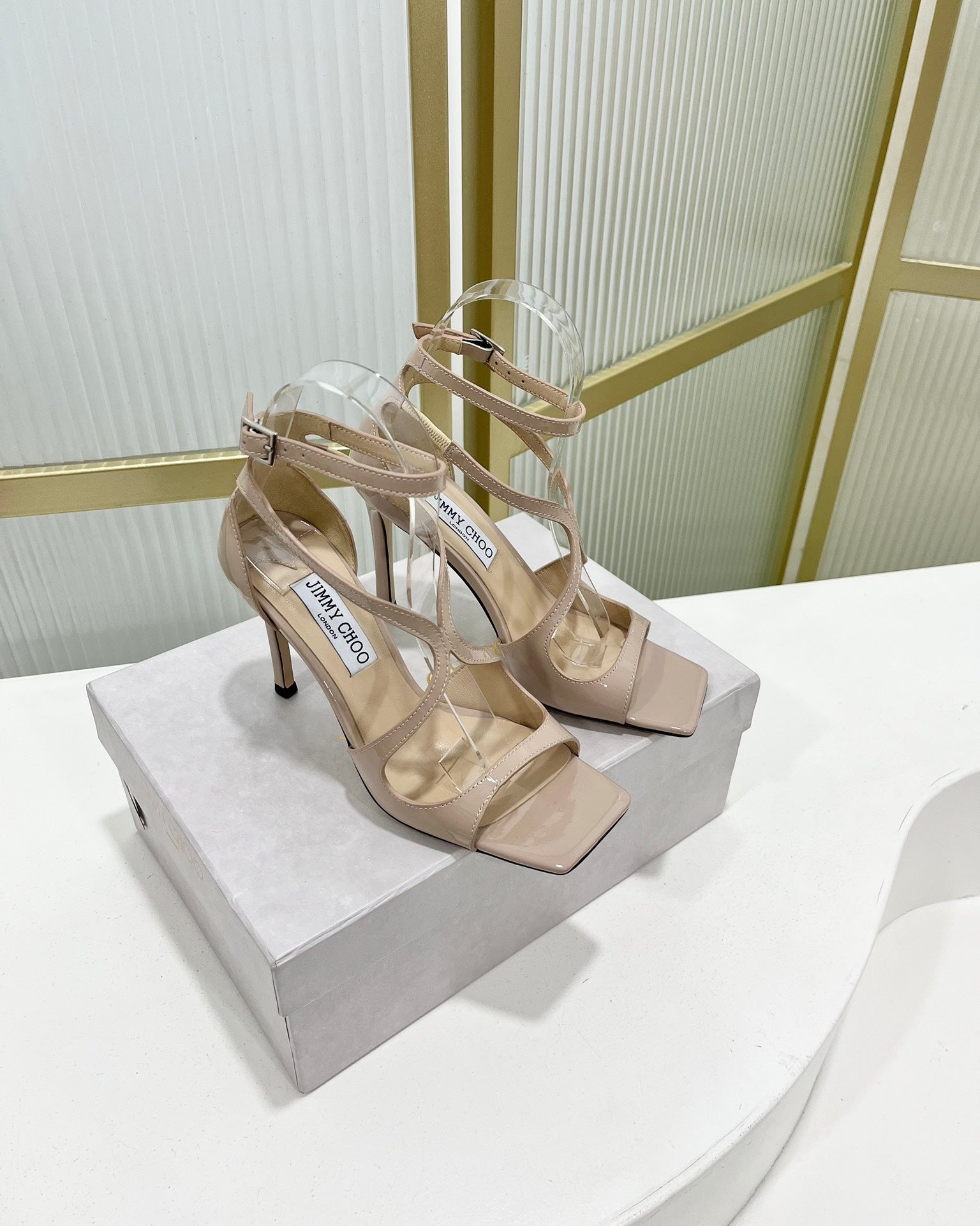 Jimmy Azia 95 In Light Beige Pink Glossy Cowhide Sandals 587703