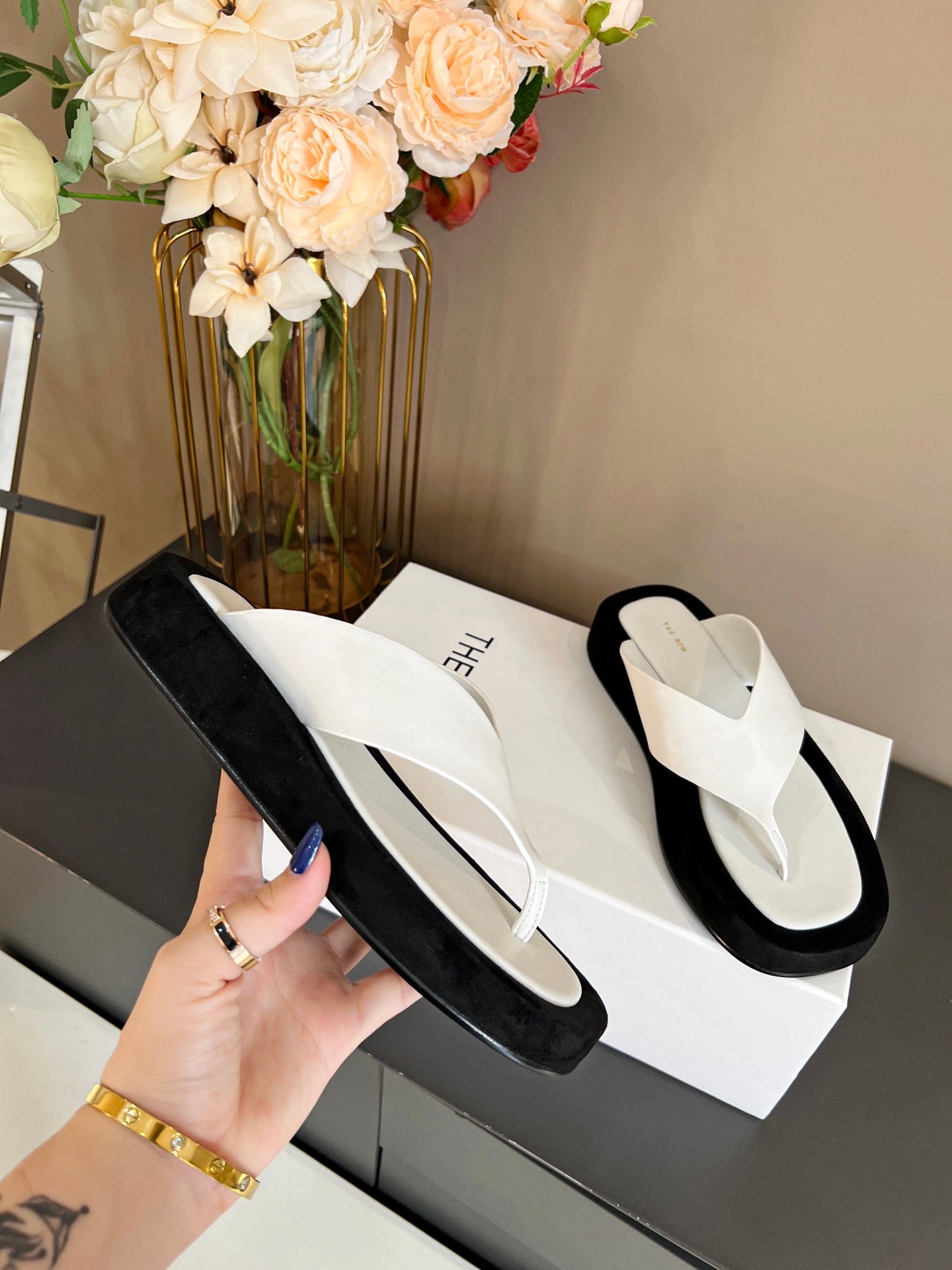 The Row Ginza Platform Sandal Black White Velvet Leather 293551