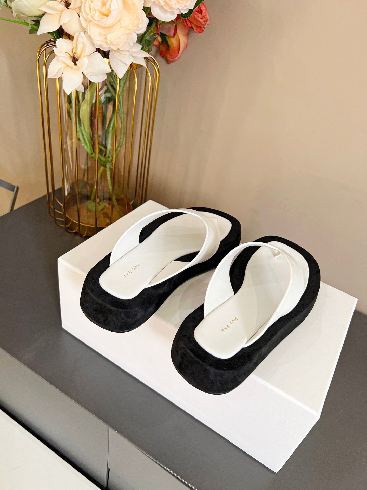 The Row Ginza Platform Sandal Black White Velvet Leather 293551