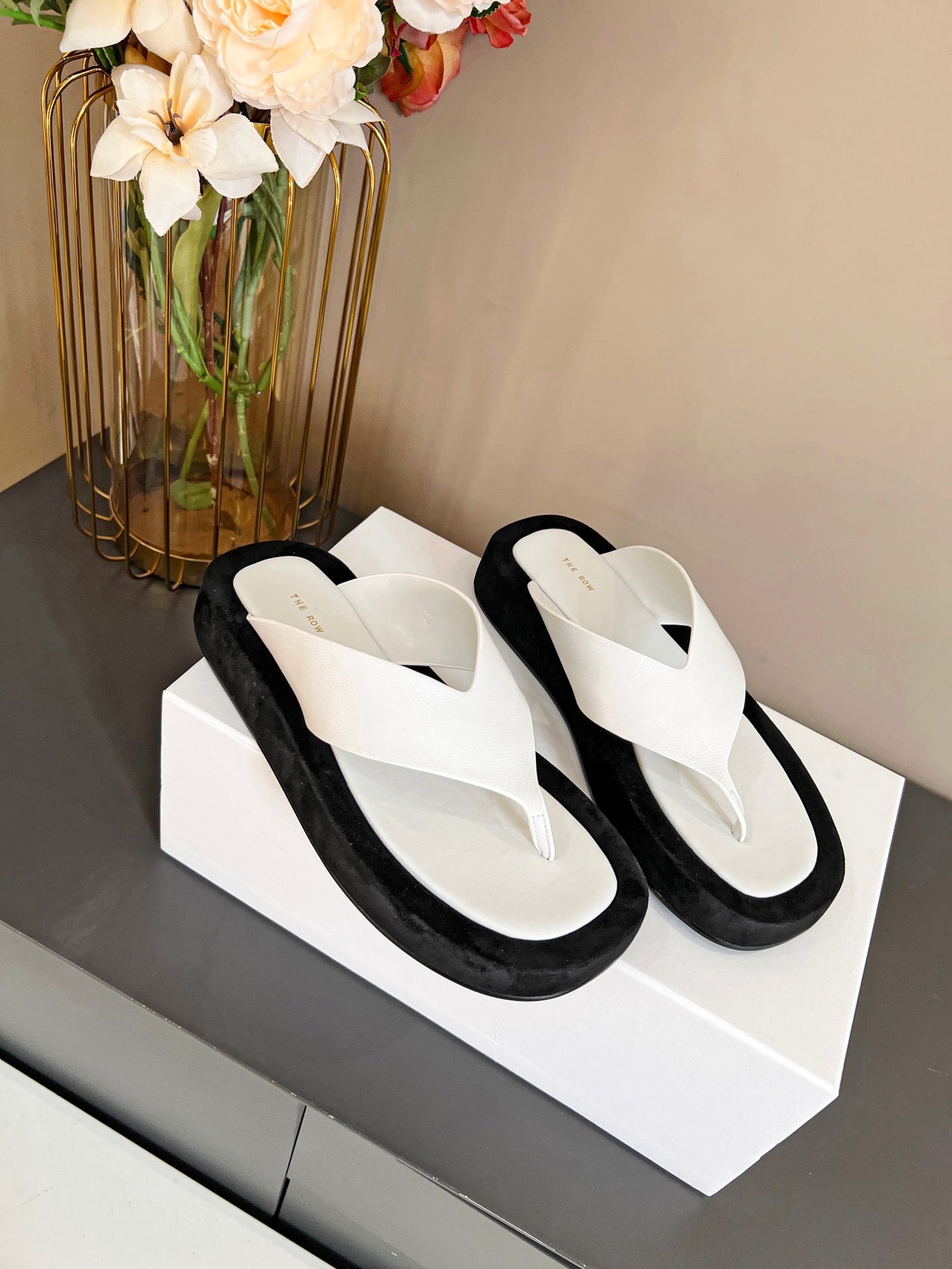 The Row Ginza Platform Sandal Black White Velvet Leather 293551