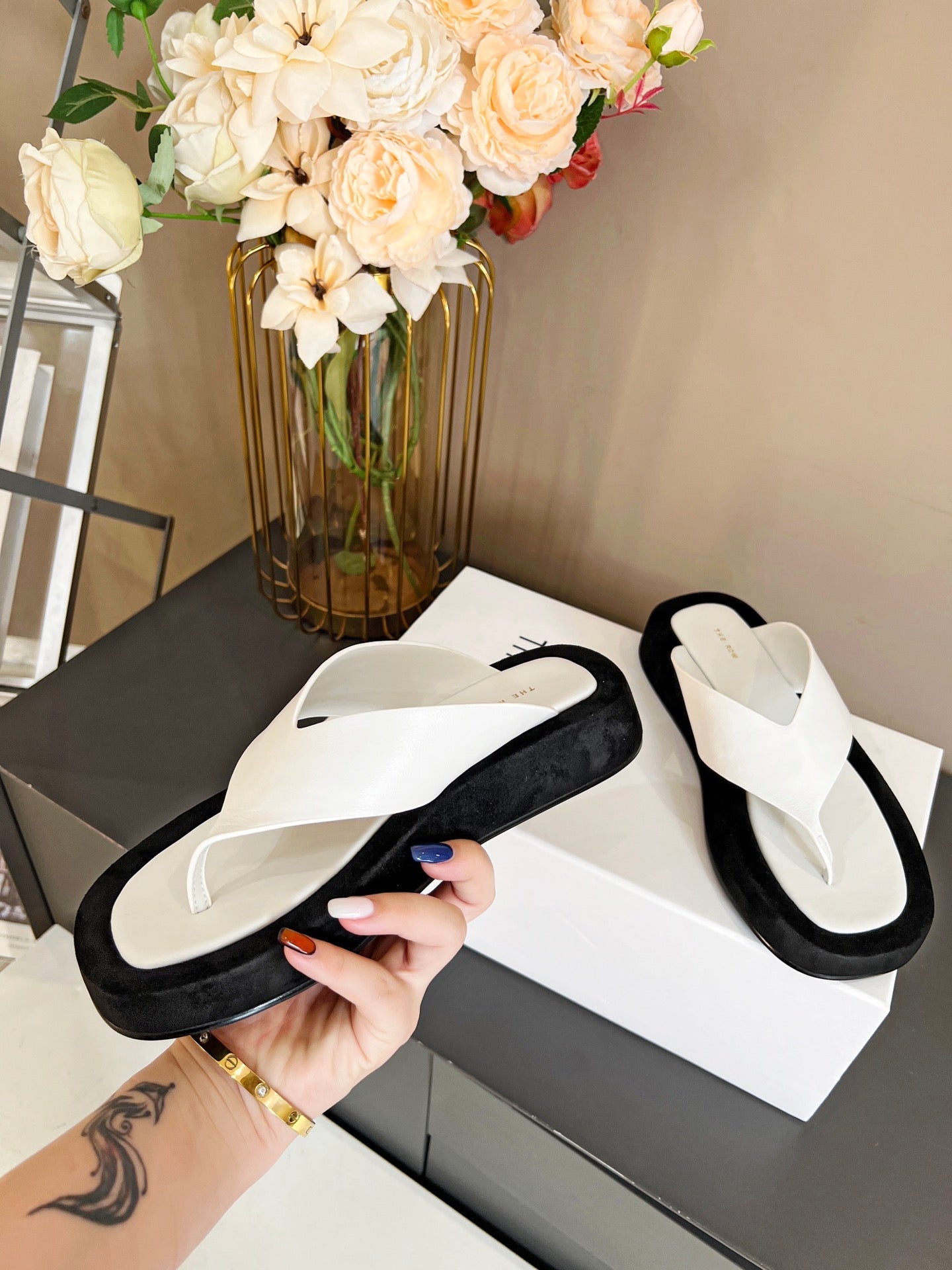 The Row Ginza Platform Sandal Black White Velvet Leather 293551