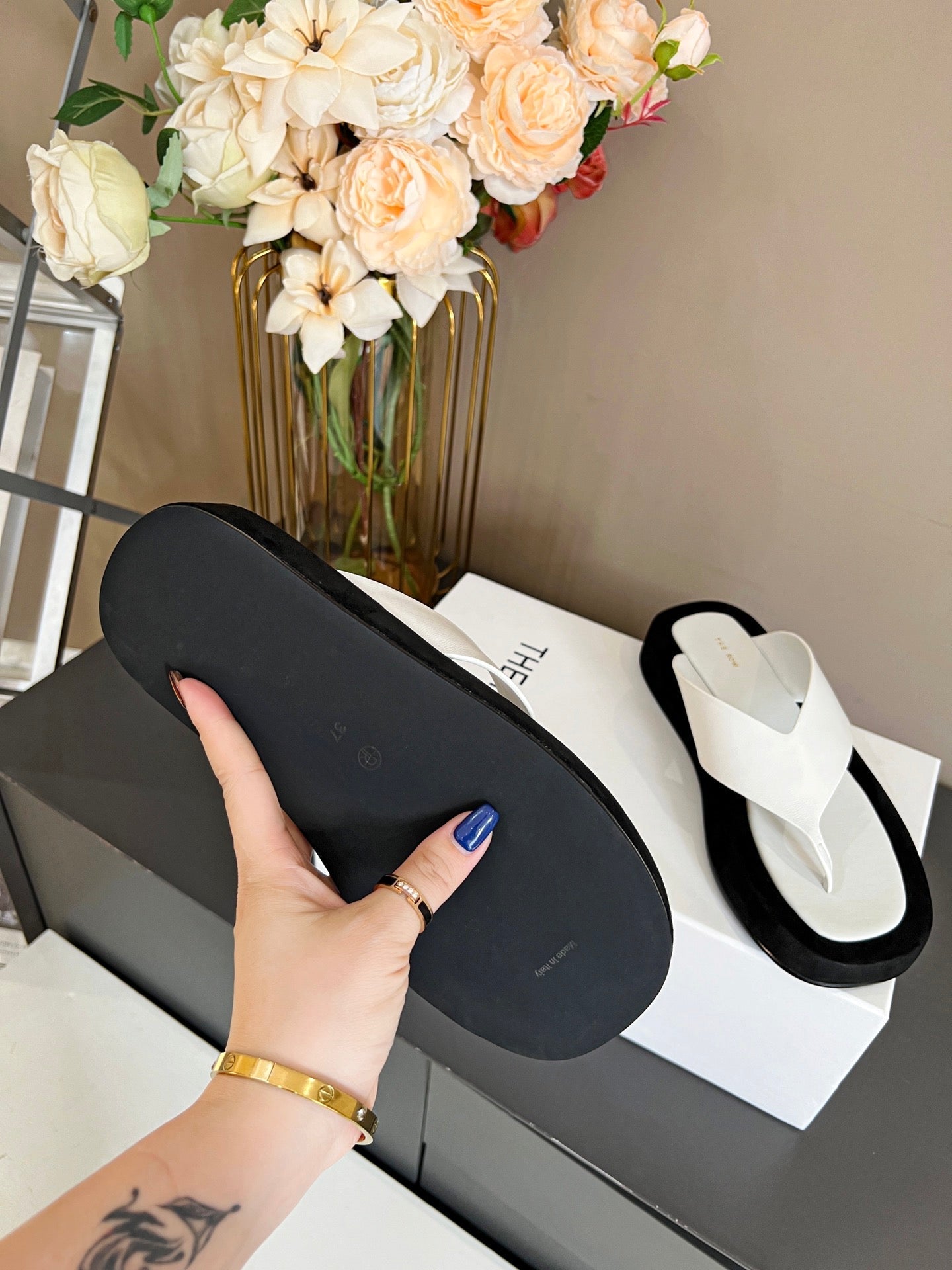 The Row Ginza Platform Sandal Black White Velvet Leather 293551