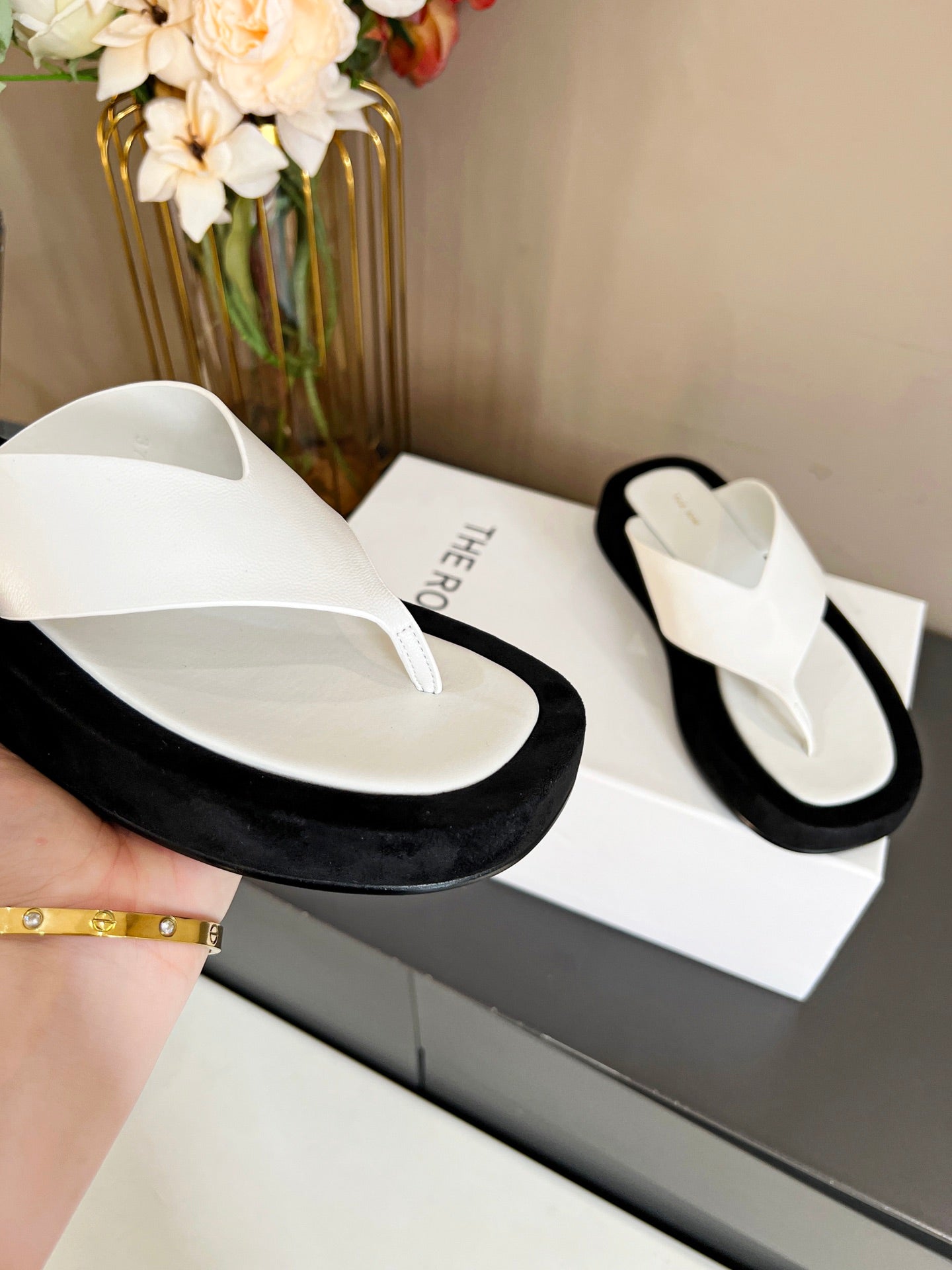 The Row Ginza Platform Sandal Black White Velvet Leather 293551
