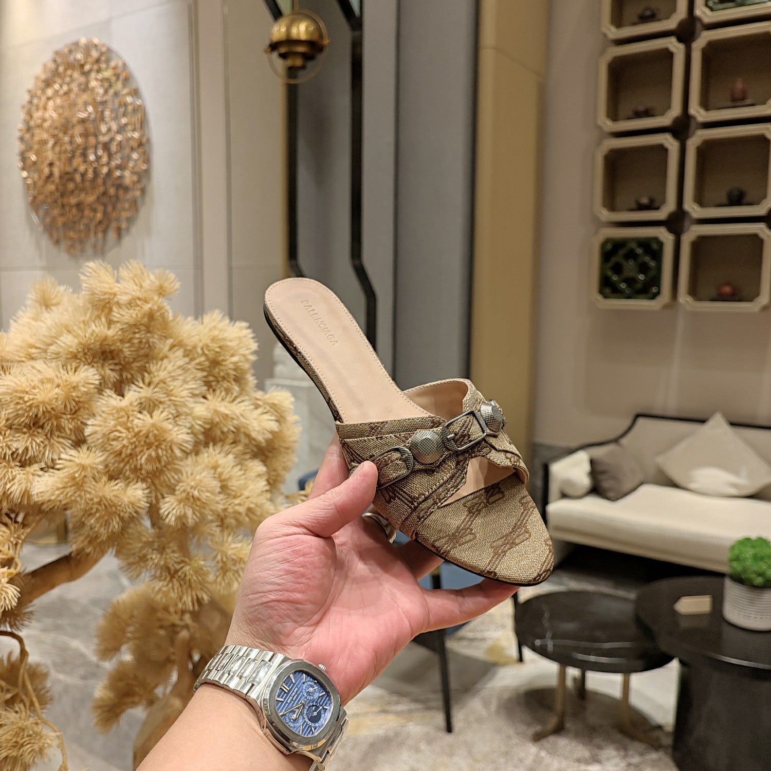 Balenciaga 26s Flat Slippers Light Brown Canvas Leather  681304
