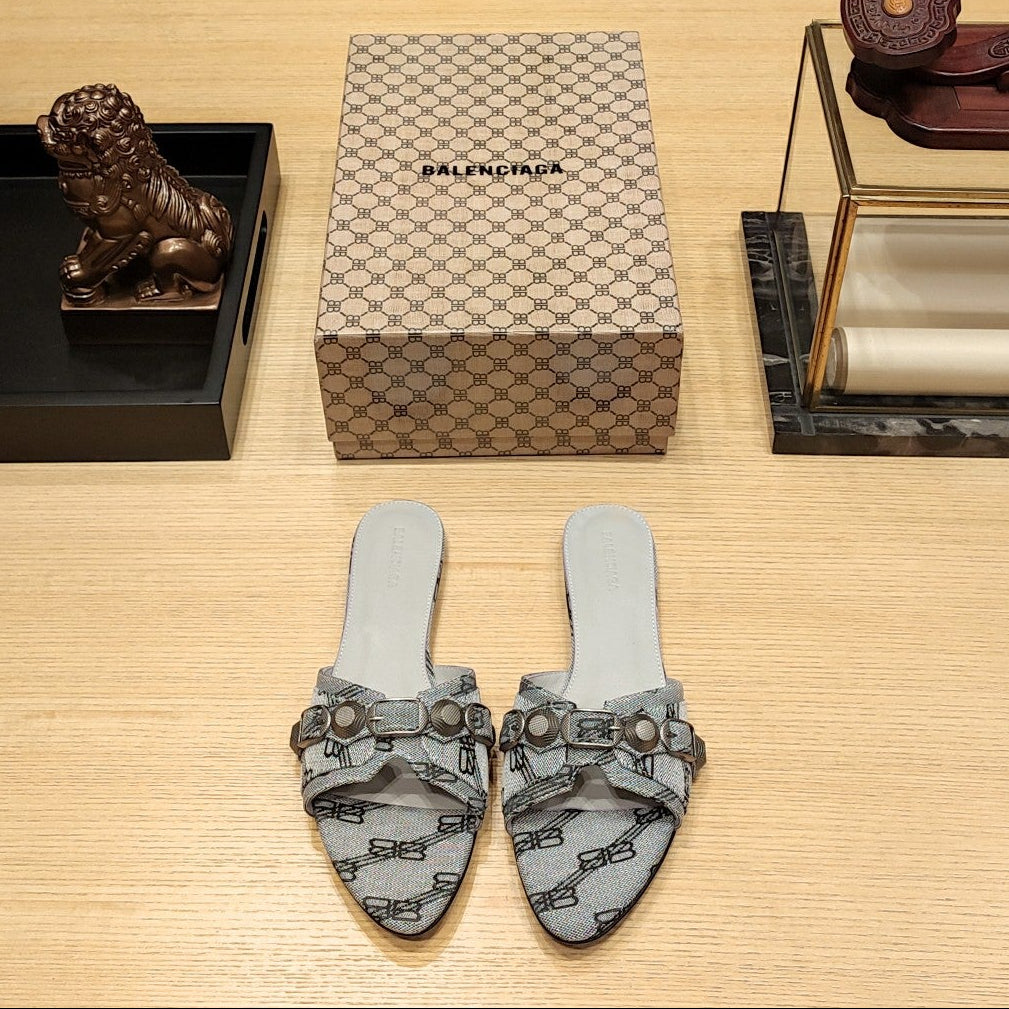 Balenciaga 26s Flat Slippers Gray Canvas Leather  681305