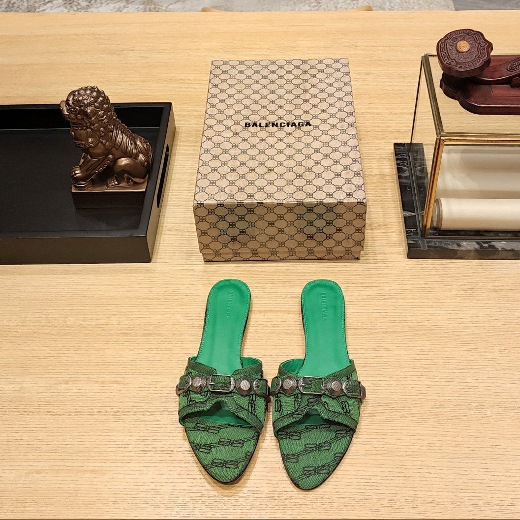 Balenciaga 26s Flat Slippers Dark Green Canvas Leather  681307