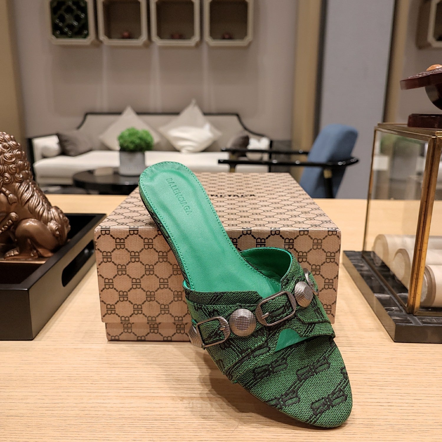 Balenciaga 26s Flat Slippers Dark Green Canvas Leather  681307