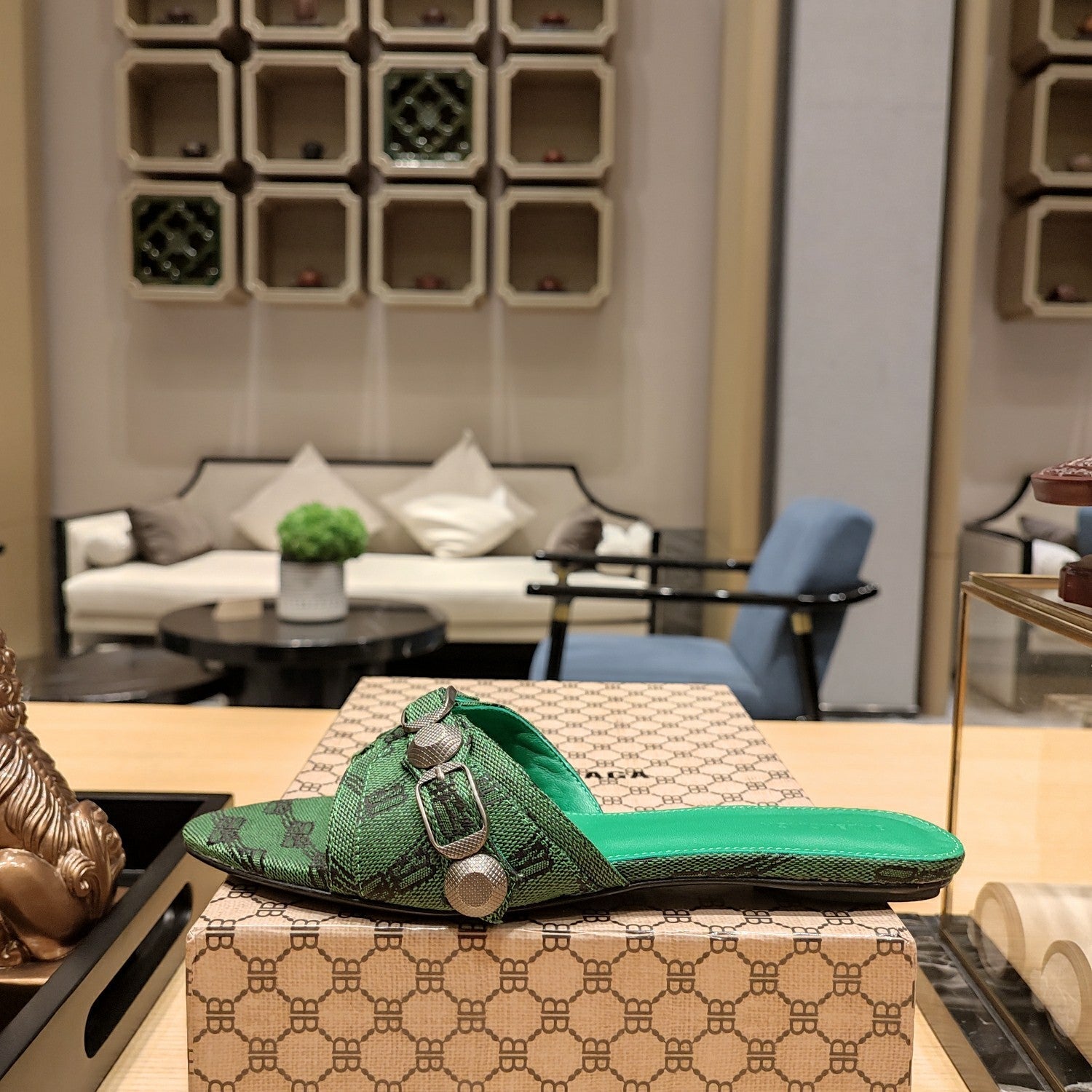 Balenciaga 26s Flat Slippers Dark Green Canvas Leather  681307