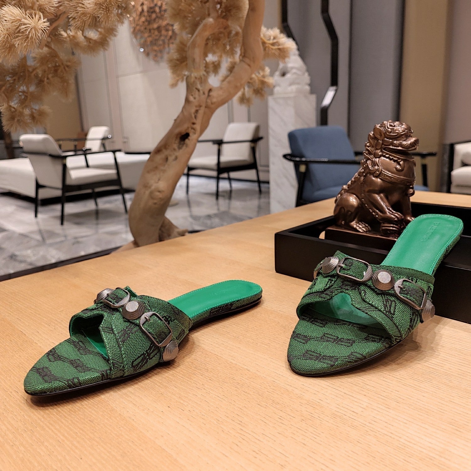 Balenciaga 26s Flat Slippers Dark Green Canvas Leather  681307
